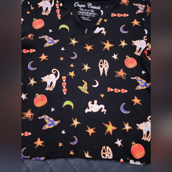 Onque Casuals Blouse Halloween Ghosts Cats Black Embellished Top Size S - Picture 10 of 10